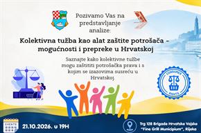 Slika: Poziv na predstavljanje analize „Kolektivna tužba kao alat zaštite potrošača – mogućnosti i prepreke u Hrvatskoj“ 21.10.2026. u Rijeci